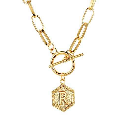 BMMYE Collar de eslabones gruesos de oro de 15 k con medall�n hexagonal con inicial, joya minimalista para mujeres, vintage, hecho a mano