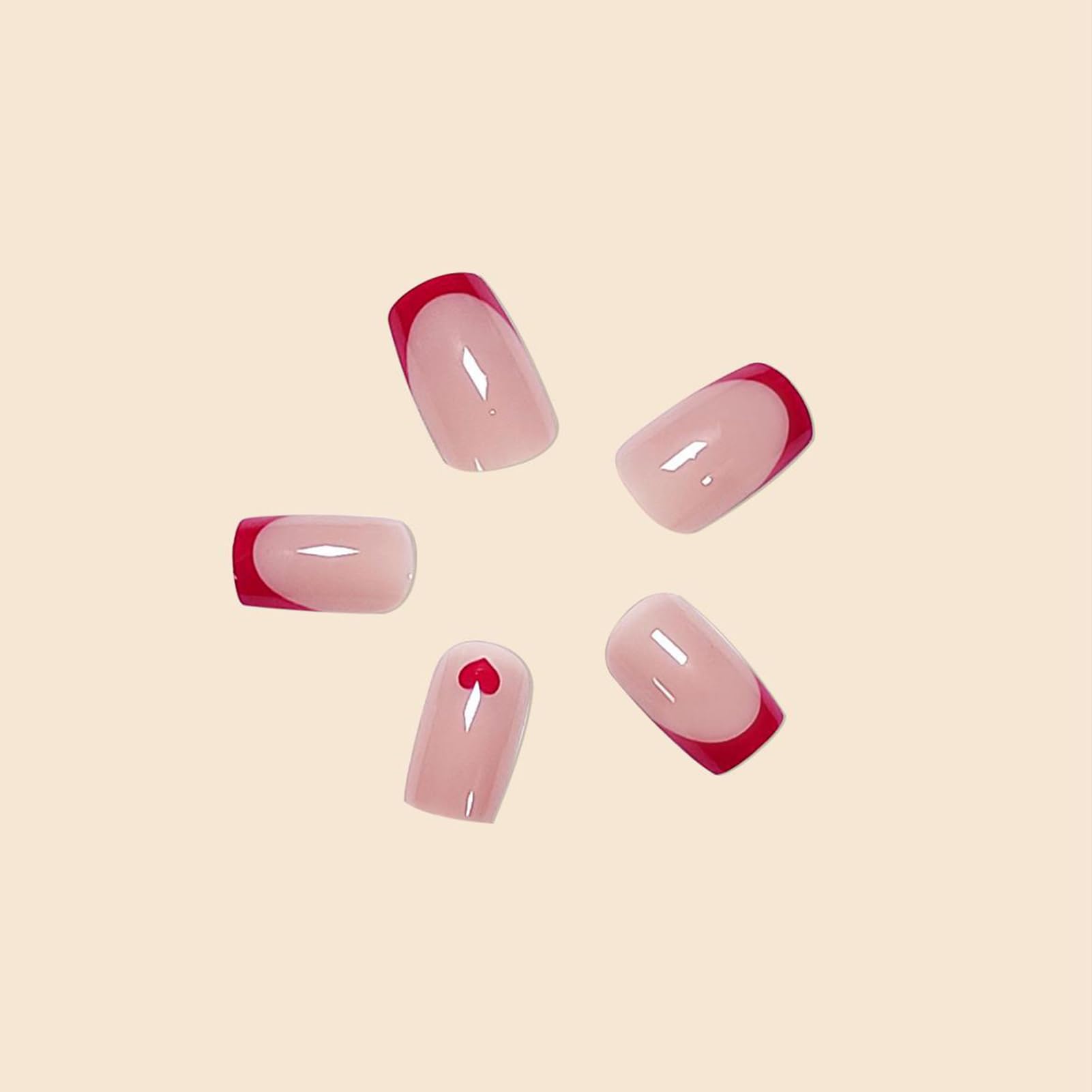 Valentines Square French Tip Press On Nails Red Heart Deign Nails Press On Reusable Artificial False Nails with Glue On Nails for Women 24PCS