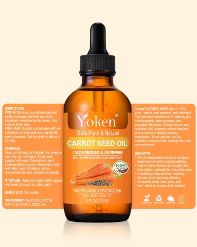 Image of Yoken Cold Pressed Carrot Seed Oil 4oz, Pure Carrier Oil for Skin & Hair | Lightweight Carrot Seed Oil for Daily Moisturizing Scalp Care Body Massage Nail Care Aromatherapy and Essential Oil Blends