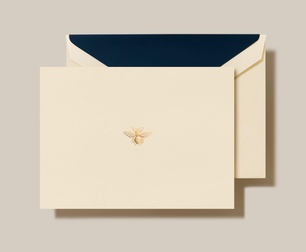 Limited Papers Bee Hand Engraved Ecruwhite Note Card Set by Crane - Elegant Blank Cards with 25 Matching Lined Navy Blue Envelopes for Personalized Messages - 25 Count