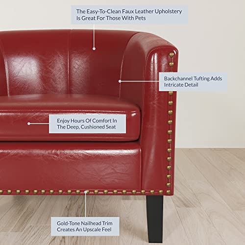 Image of BELLEZE Accent Barrel Chairs Set of 2, Modern Tub Club Chairs Upholstered Armchairs for Living Room, Faux Leather Chairs with Gold Nail Head Trim Black Legs - Kyara (Red)