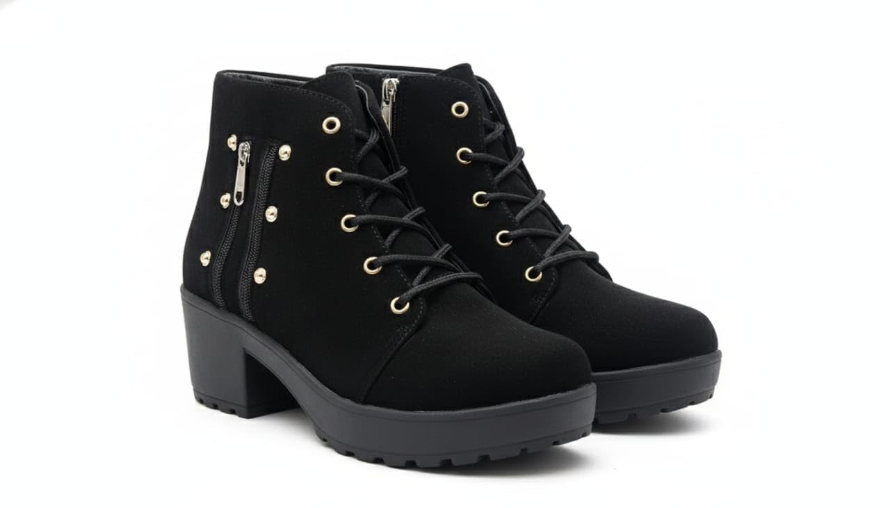 Women's Ankle Boots with Platform Heel, Black Suede, Lace-up Design, Gold Eyelets, Side Zip-image-15