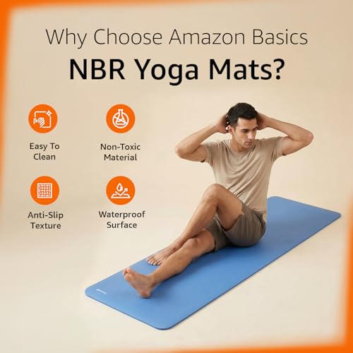 Image of Amazon Basics NBR Yoga & Exercise Mat with Carrying Strap | 8 mm Thick Cushioned Support | Non-Slip Textured Surface | Lightweight & Durable Foam Rubber Material | Floor Protection | Ideal for Yoga, Pilates & Home Workouts | 183 x 61 cm | Blue