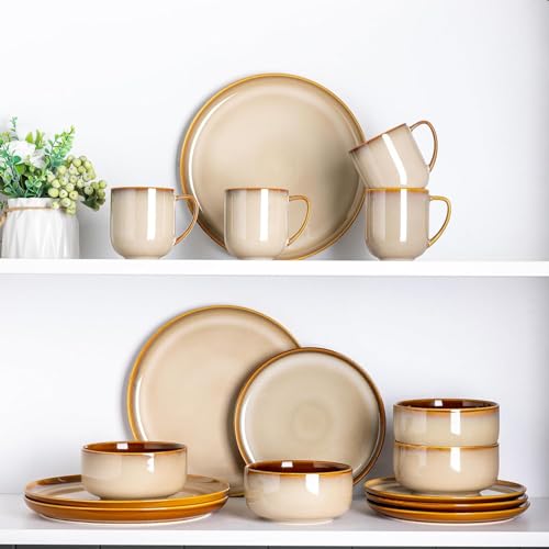 Image of LERATIO Ceramic Dinnerware Sets for 8,Plates and Bowls Sets,Reactive Glaze Dishes Set,Highly Chip and Crack Resistant | Dishwasher & Microwave & Oven Safe Dishes set,Service for 8-Kahki (24pc)
