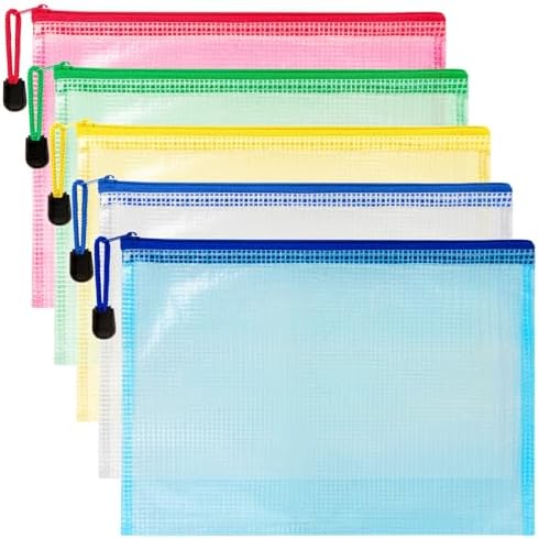 MAQIHAN Mesh Zipper Pouch Bags - 5 Pack Waterproof Zipper Bags 13.2 x 9.4 Inch Clear Mesh Storage Pouches Assorted Colors for Home, Office, School, Travel, Puzzles, Board Game, Cosmetic, Accessories
