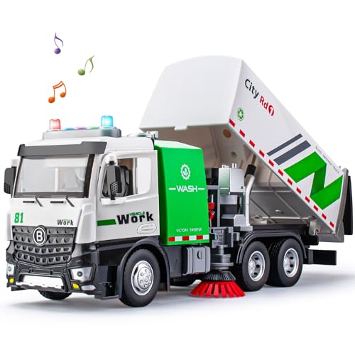 Street Sweeper Truck with Open-able Doors, 11.5" Big Trash Truck with Lights and Sounds, Friction Powered Garbage Toys Gift for Boys Girls Kids