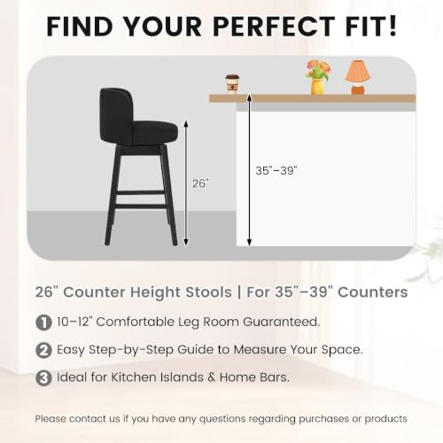 Image of COCO DESIGN 26 inch Black Swivel Counter Height Stools Set of 4 with Wood Legs | Mid Century Modern Style, Smooth Swivel Design, Linen Upholstered Seat, Sturdy Solid Wood Legs, Counter Height For Island
