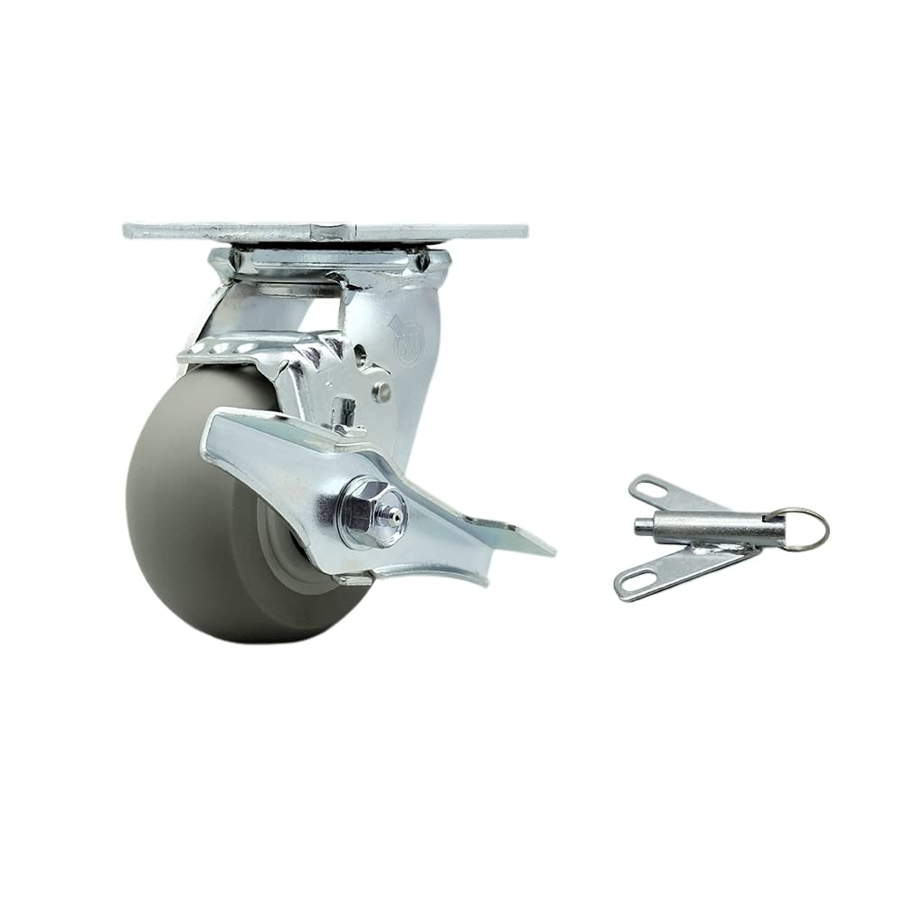 Stainless Steel Heavy Duty Swivel Top Plate Caster with Top Lock Brake and Bolt on Swivel Lock and 4 Inch Thermoplastic Rubber Donut Tread Wheel with Ball Bearings - Service Caster Brand