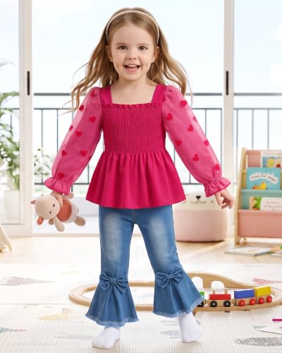 Image of Kucnuzki Toddler Kids Girl Clothes Long Sleeve Shirt Tops Baggy Jeans Cute Pants Set Baby Girl Outfit 2 Piece Clothing