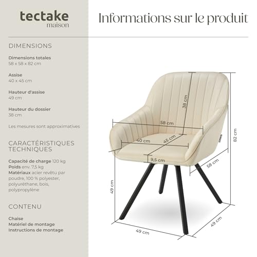 Chaise pivotante avec accoudoirs rembourrée aspect velours crème - vue 3