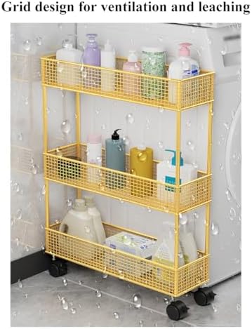 Slim Rolling Mesh Storage Cart - 3-Tier Mobile Shelving Unit with Drainage Design for Kitchen, Bathroom & Laundry - Narrow White Cart on Wheels for Easy Organization