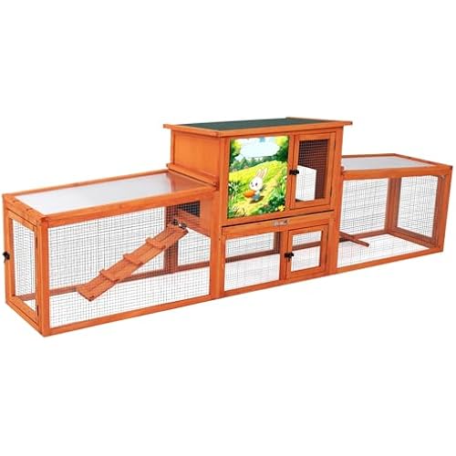 Outdoor Rabbit Hutch, 94" L x 19" W x 31" H Extra Large Bunny Hutch by COZIWOW, Wooden Rabbit Cage Indoor for Small Animals with Removable Tray & Weatherproof Roof, Orange