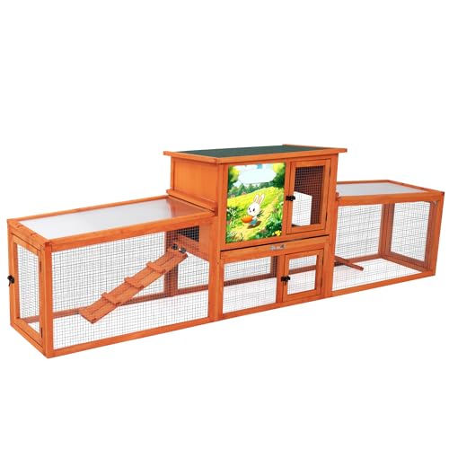 Outdoor Rabbit Hutch, 94" L x 19" W x 31" H Extra Large Bunny Hutch by COZIWOW, Wooden Rabbit Cage Indoor for Small Animals with Removable Tray & Weatherproof Roof, Orange