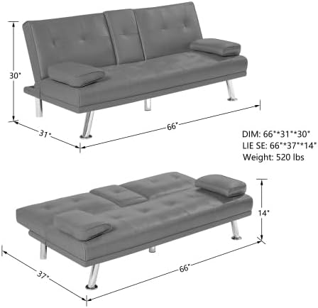 Miniatura 2 de Sofá cama tipo futón plegable convertible con patas de metal y 2 portavasos, moderno sofá tapizado de lino de tela, sofá biplaza plegable,
