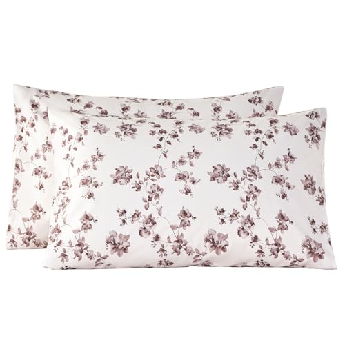 WINLIFE Cotton Floral Pillow Cases Standard Size Set of 2, Tan/Brown Flowers Print Pillowcases 20x26 Inches, Soft Cool Crisp Percale Cotton Pillow Covers Breathable with Envelope Closure