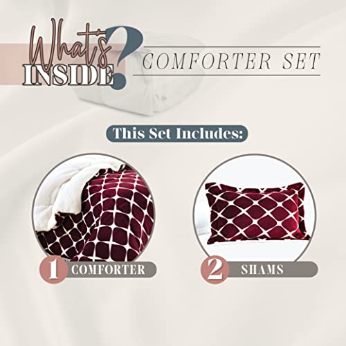 Elegant Comfort 3-Piece Luna Ogee Pattern Collection, Reversible Sherpa Comforter, Soft, Breathable & Cozy Fabric, Micro-Suede, Ogee Pattern Sherpa Comforter, Queen, Wine Red #TOP2