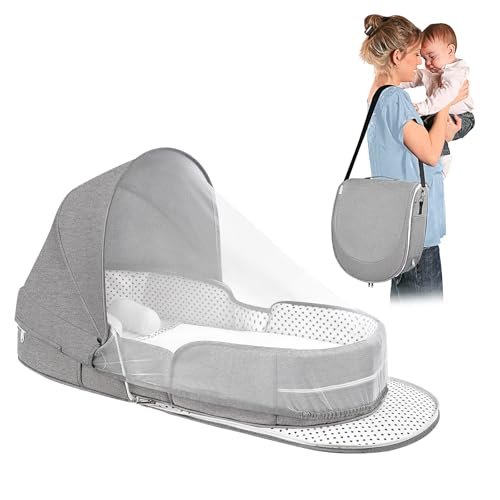 Image of UQM Portable Travel Bassinet for Baby, Foldable Baby Travel Bed Cribs, Lightweight Infant Bed Newborn Baby Beds with Mosquito Net and Canopy