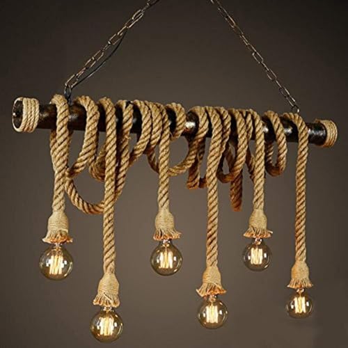Lustre corde de chanvre retro pour cuisine de ferme et salon rustique 4 lampes E27