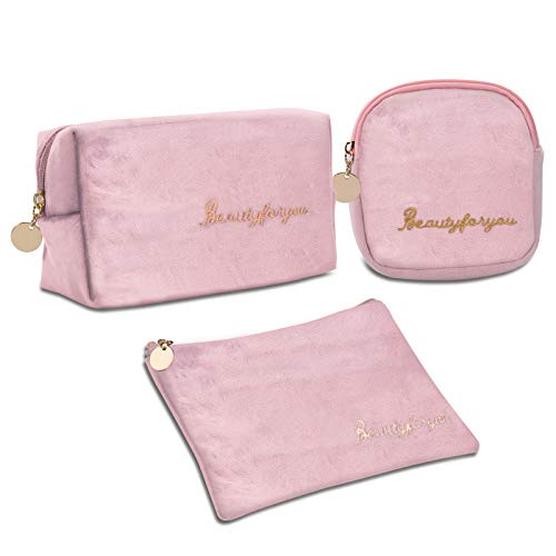 3pcs Pink Makeup Bag Cosmetic bags for women, Velvet Travel Zipper Makeup Bags Set Multifunction Pouch Case for Women Girls Christmas Gift