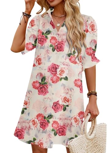 Image of Womens Summer Shirt Mini Dresses 2026 Beach | Flowy Shift Dress, Button V Neck, Polo Collar, Ruffle Short Sleeve, Floral Boho Style, Casual Vacation Outfits with Pockets