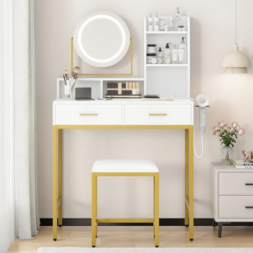 Vanity Desk with Rotating Mirror, Makeup Vanity Desk with Adjustable Mirror, 3 Colors Adjustable Light, Power Outlet, Dressing Table With 2 Drawers, Storage Shelves & Stool for Bedroom, Whit