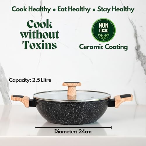 Image of Kreme Ceracook Ceramic Coated Granite Kadai 2.5L (24cm) with Glass Lid, Frying Kadhai, ISI Certified, Forged Aluminium, Gas & Induction Use, Non Toxic Woks PFAS & PTFE Free, 1 Yr Warranty, Black