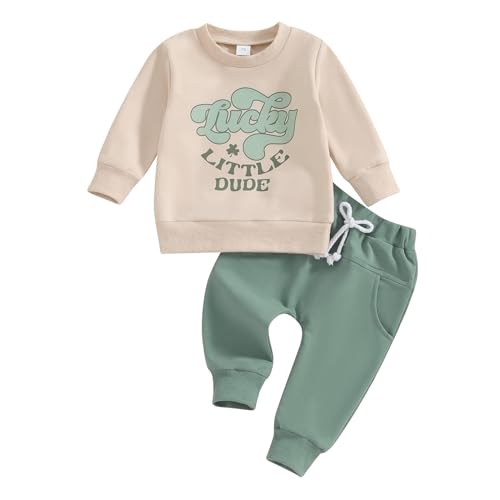 Image of Baby Boy St. Patrick's Day Outfits Long Sleeve Sweatshirt Elastic Waist Pants Lucky Clover Clothes Tracksuit