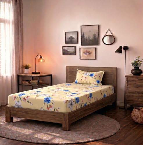 Image of HOMEKART (110 TC & 110 GSM 100% Cotton Feel Bedsheet for Single Bed with One King Size Pillow Covers Soft /Breathable Wrinkel Free -60x90 Inches - (Blue Beig)
