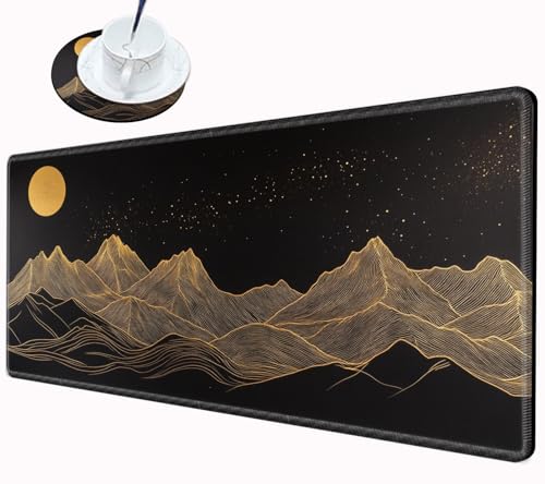Image of Large Mouse Pad Gaming Desk Pad Black and Gold Mountain Mousepad XXL Desk Mat 31.5''X15.75'' Extended Mouse Mat of Girl Desktop Work Computer