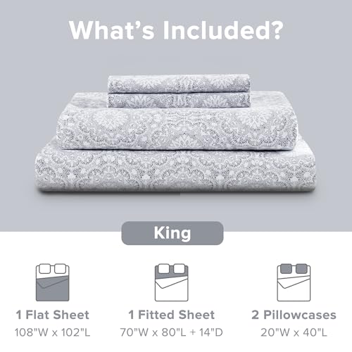 Comfort Spaces 100% Cotton Sheets King, Breathable, Naturally Cool Cotton Sheets, Soft Cotton Bed Sheets with 14" Elastic Pocket Fits up to 16" Mattress, All Seasons Sheet Set, Adelia Gray 4 Piece