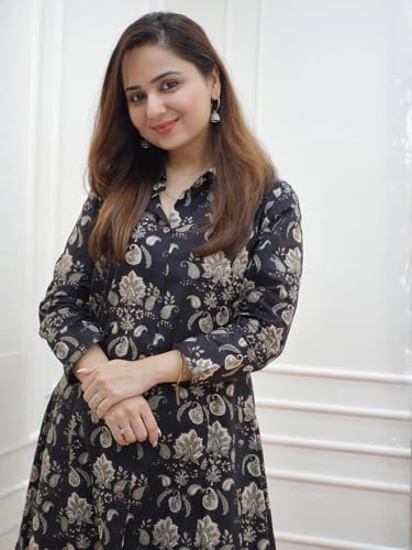 Image of Leriya Fashion Women's Cotton Printed A-Line Kurti Pant Set | Abstract Leaf & Floral Kurta with Trouser Pant | Casual Ethnic Co-ord Set for Women Stylish | Elegant Anarkali Style Tunic Kurta Set