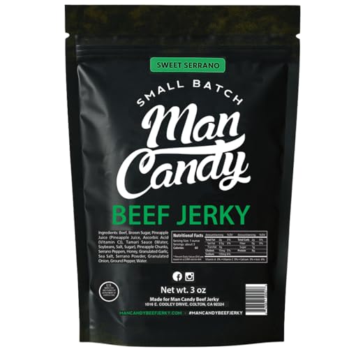 Man Candy Small Batch Beef Jerky Sweet Serrano Flavor Spicy and Sweet Premium Beef Snack High Protein 3 oz