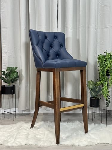Taburete de bar de cuero con respaldo alto y detalles de botones, marco de madera de haya, asiento cómodo para cocina, bar, pub o comedor