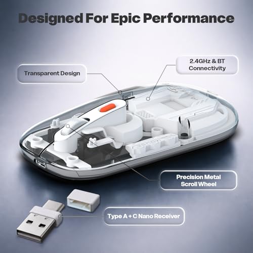 Image of Amkette Epic TP Advanced Transparent Wireless Mouse /Bluetooth Mouse Rechargeable, USB-A+USB-C Nano Receiver, 3200DPI, Type-C Charging, 3 Device Connectivity for Laptop, PC, MacBook, Tablet & More