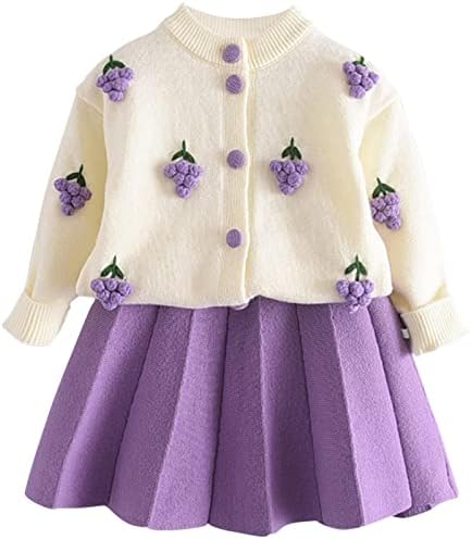 Balatale Toddler Girls Fall Outfits Buttons Sweater Tops Mini Skirt Set 2Pcs Long Sleeve Autumn Winter Clothes Set Purple 18-24Mth