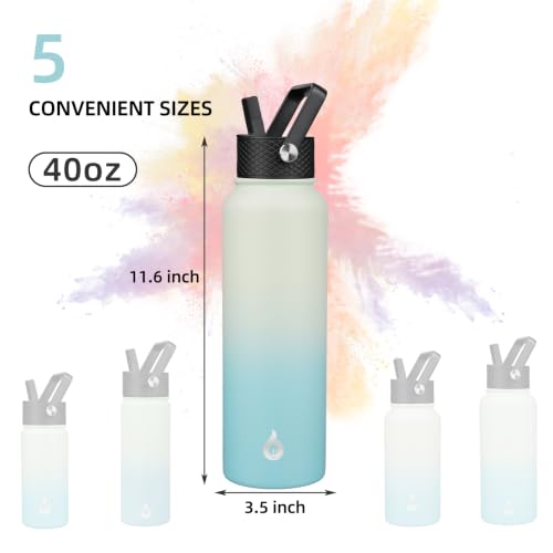 Image of BJPKPK Insulated Water Bottles with Straw Lid, 40oz Stainless Steel Metal Water Bottle with 3 Lids, Reusable Thermo, Keep Cold Hot for Sports, Gym-Mint