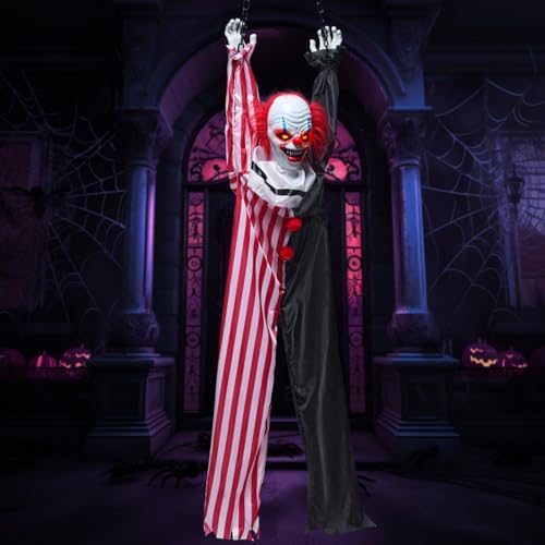 JOYIN Halloween Hanging Scary Clown Decorations with Chain, 65' Sound Activated LED Lights Halloween Animatronics Yard Decorations Halloween Decorations Outdoor Indoor Haunted House Halloween Decor