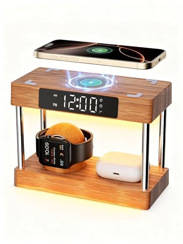 Bamboo Wireless Charging Station with Clock, Gifts for Her Him Bedside Light Alarm Clock with Wireless Charging, Bamboo Charging Station for Multiple Devices iPhones 16-8|AirPod|iWatches