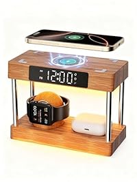 Bamboo Wireless Charging Station with Clock, Gifts for Her Him Bedside Light Alarm Clock with 2