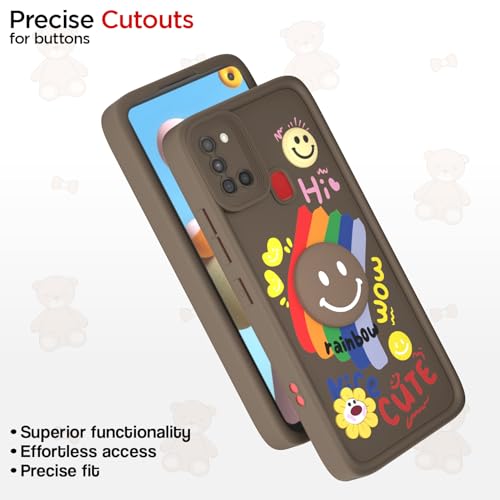 Image of Pikkme Back Cover for Samsung Galaxy A21s | Soft Silicone| Cute Rainbow Smile & 3D Cartoon Flower Design | Shockproof Raised Camera Protection Bumper Case (Brown)