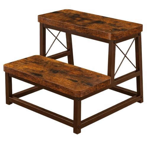Image of 82984 Heavy Duty Wooden Step Stool for Adults, 2 Tier Heavy Duty Step Stool for High Bed with Non-Slip Feet, Using for Bedroom, Living Room, Bathroom and Kitchen (Brown)