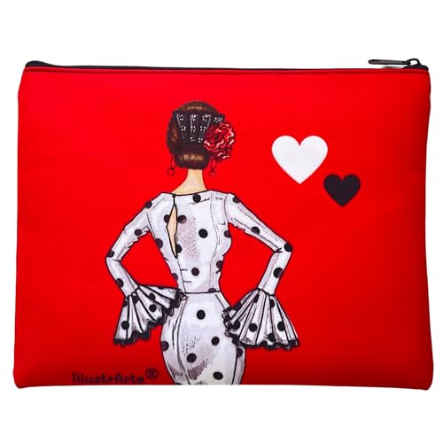 Neceser Granada Flamenca “María Blanco” – Diseño a Doble Cara – Fondo Rojo – 22x17 cm – Impermeable – Bolso de Aseo Mujer o Viaje