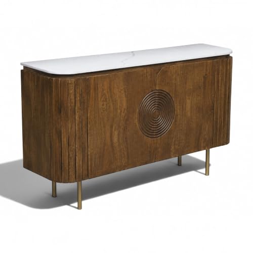 Image of Solid Wood Mandala Sideboard Cabinet with Sintered Stone Top for Living Room | Tubaq Finish Lacquered with Soft Close Hinges| 140 cm (W) x 39.8 cm (D) x 85 cm (H)