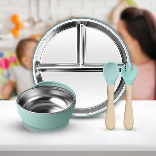 Image of NYALA Stainless Steel Toddler Plates Silicone Suction, Non-Slip Baby Plates BPA Free,Unbreakable Dishwasher Safe (Pista Green, Plate + Bowl)