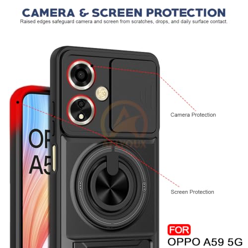 Image of Oppo A59 5G Back Cover | Armor Camera Slider 360 Degree Rotating Finger Ring Holder Case with Bracket Stand Back Case Cover (Compatible with MagSafe Accessories) (Black)
