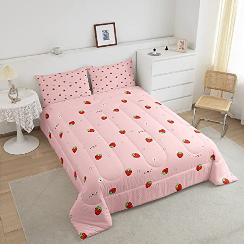 Erosebridal Cute Strawberry Comforter Set Queen Kawaii Japanese Bedding Set, Red Reversible Soft Sweet Cartoon Fruit Duvet Set For Girls Kids Gift Pink Warm Down Comforter Room Decor #TOP3
