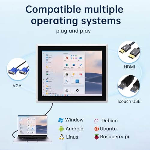 Image of 8-Inch Industrial Touch Screen Monitor, Ratio 4:3 Embedded PCAP Touchscreen Monitors | 10-Point Touch | No Drive, Plug and Play | IP65 Front | HD-MI VGA USB Port