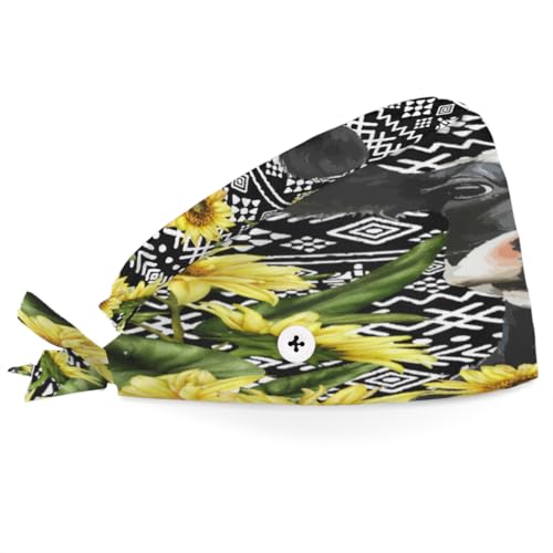 Aglebo Aztec Sunflower Cow Working Caps with Buttons Sweatband Adjustable Elastic Bouffant Surgical Caps Breathable Nurse Doctor Hat Men Women