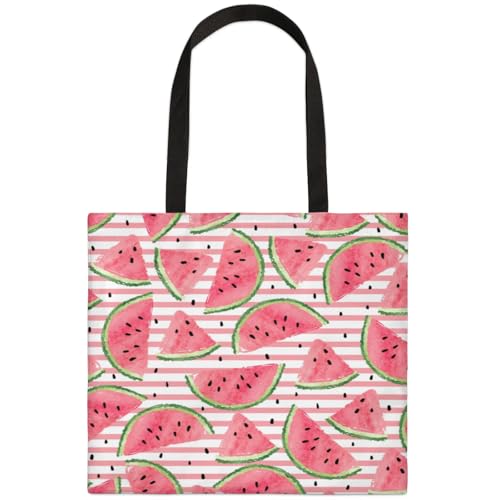 Mularoka Watercolor Striped Watermelon Square Canvas Tote Bag Top Handle Purses Stylish Women Canvas Shoulder Tote Bags Reusable Handbags for Work Travel Picnic Beach Shopping Gym Hiking