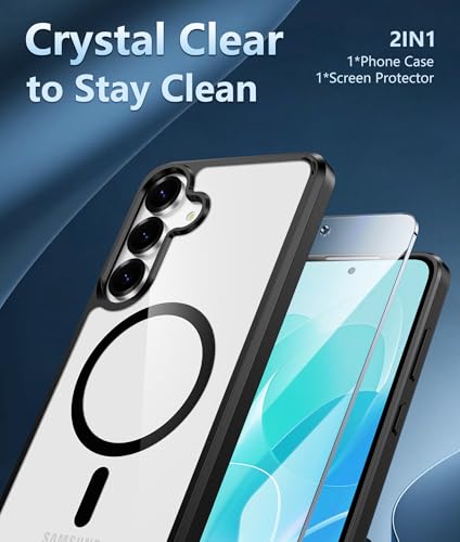 Image of FNTCASE for Samsung Galaxy S25-FE Case: Magnetic Clear Military Grade Drop Protection Anti Yellowing Cell Phone Cover - Rugged Shockproof Protective Bumper Transparent Phonecase(Black)